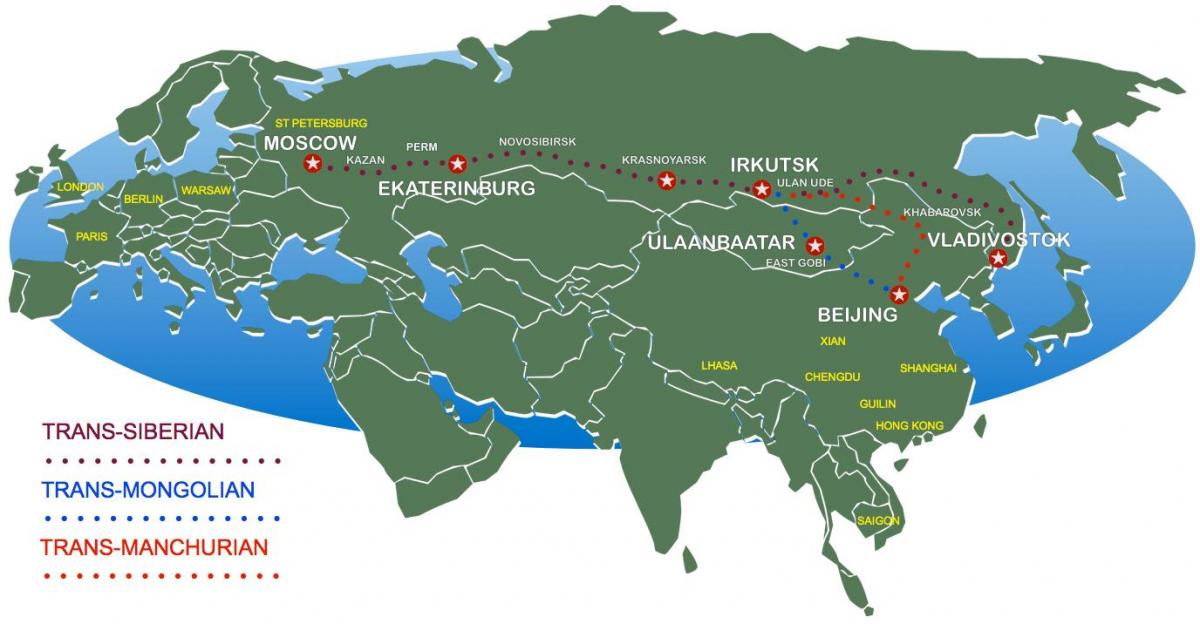 地図モスクワのウラジオストクへの電車路線